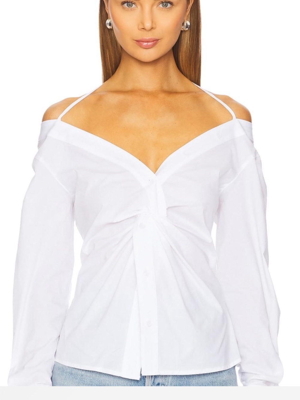 Good American Poplin White Off-Shoulder Twist Front Women's Blouse Size Small